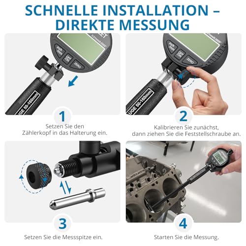 AUTOUTLET Bohrungslehre Messuhr Set 50-160mm, Digitales Bohrungsmessgerät Innenmessgerät Hohe Präzision 0,01mm Innendurchmesser Messuhren mit 12 Sonden & Box, Dial Bore Gauge Industriemesswerkzeug