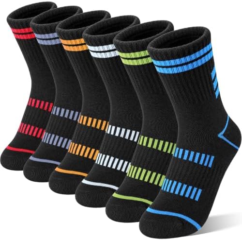 SAVALOS Kids Boys Socks Athletic Basketball Sport Youth Crew Cotton Striped Gift Socks 6 Pairs Stocking Stuffers(Mixed Black,9-15 Years)