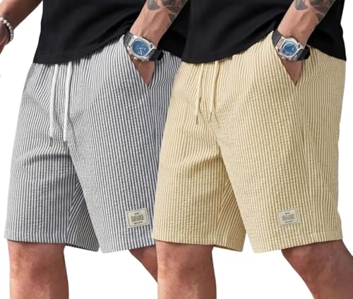 Image of Men's Cotton Casual Shorts |Striped Half Pants for Men |Comfortable | Elastic Waist with Drawstring | Lightweight & Comfortable for Beach Vacations, Casual Daily Outings & Sleepwear Bermuda Shorts