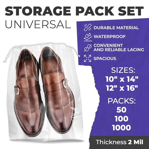 Clear Drawstring Travel Bag for Shoes. Waterproof Dust Bags for Shoes with Double Cotton Drawstrings. 2 mil PE Plastic Drawstring Bags for Packing, Storage2