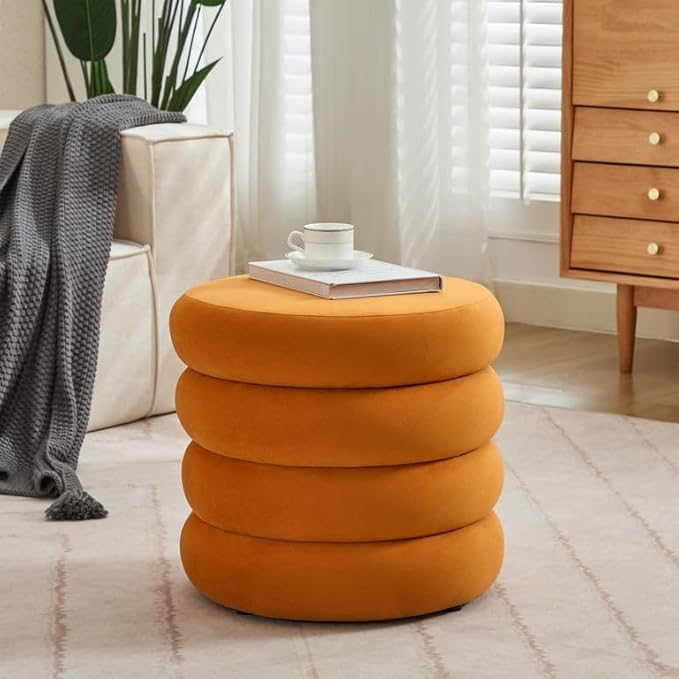 Puffy Vanity Chair for Dressing Table – Modern Bouclé Dressing Stool, Round Sofa Stool, Plush Footrest Ottoman for Bedroom & Living Room (Orange)-image-16