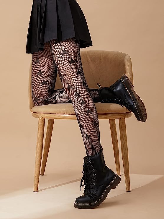 Image of Women's Patterned Tights, 3 Pairs, Floral Design, Fishnet with Stars and Moon, One Size