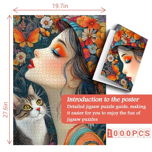 PICKFORU Elegance in Bloom Puzzle para Adultos 1000 Piezas, Rompecabezas de Dama con Arte Único, Gato y Flores miniatura 3