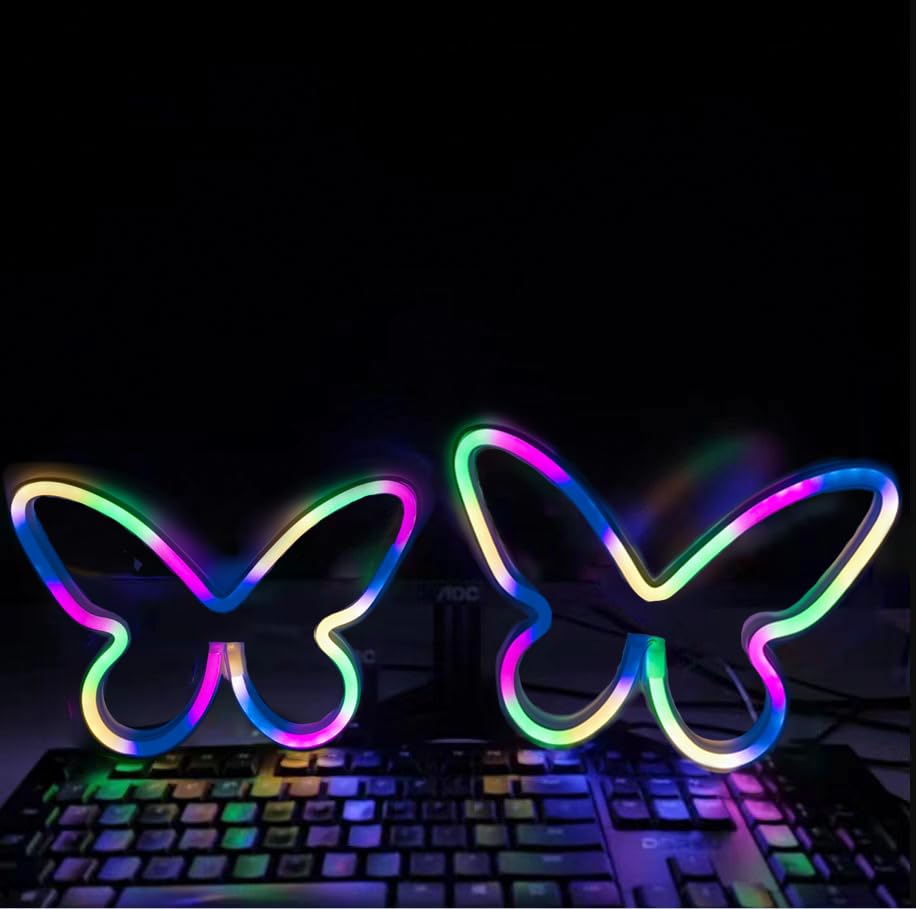 Butterfly Neon Signs for Wall Office Dorm Wedding Birthday Party Room Decor,Neon Butterfly Led Signs Butterfly Decorations for Teen Girls,USB or 3-AA Battery Powered,(2Pack Color) — image 1