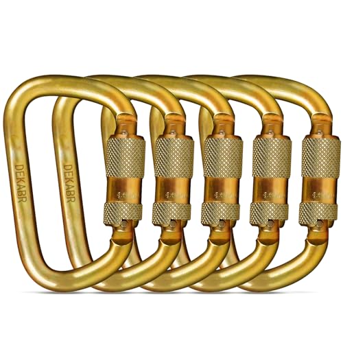 DEKABR Heavy Duty Alloy Steel Auto-Locking Climbing Carabiner - 45KN Twist Lock Carabiner for Rock and Tree Climbing Quick Release Rescue and Mountaineering. ANAB Certified Large Gold (5 Pack)
