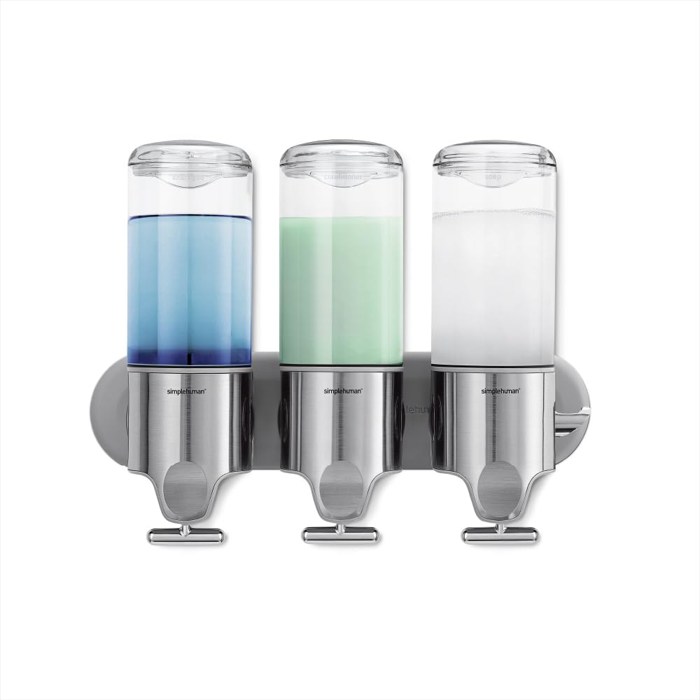 simplehuman Wall Mount Pumps, Triple 15 fl. oz. Shampoo & Soap Dispenser, Stainless Steel