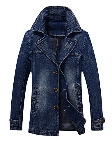Idopy Men`s Vintage Label Collar Denim Jeans Jacket Trench Coat (US XL, Blue)