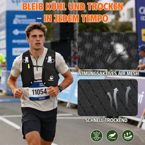 ONETOALL Laufweste Damen mit 2 Faltbare Trinkflasche 500ml, Trinkweste Laufen Herren, Running Vest Laufrucksack Trinkrucksack Reflektierend zum Marathon Trailrunning Jogging Radfahren, Schwarz