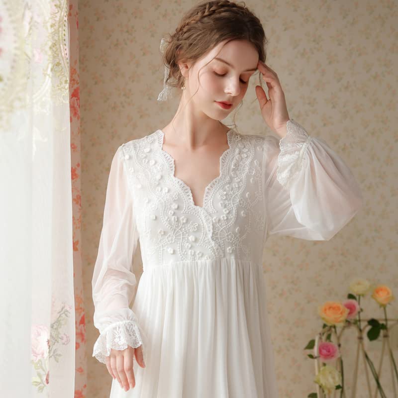 Chemise de nuit victorienne pour femme, 100 % modal à manches longues en dentelle avec broderie florale