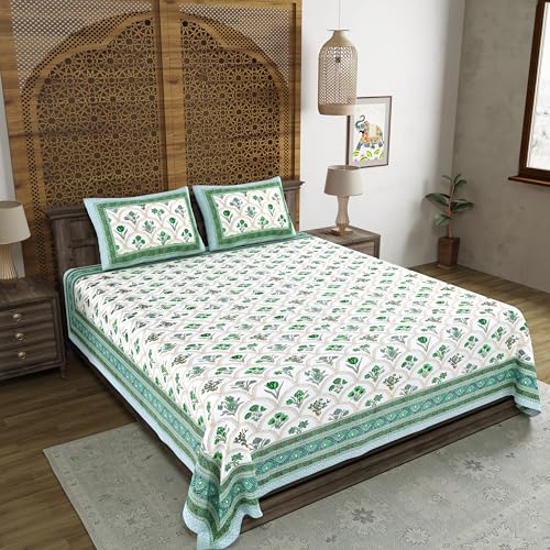 Image of BLOCKS OF INDIA Hand Block Printed 200 TC Cotton King Size Bedsheet (Green Rose)