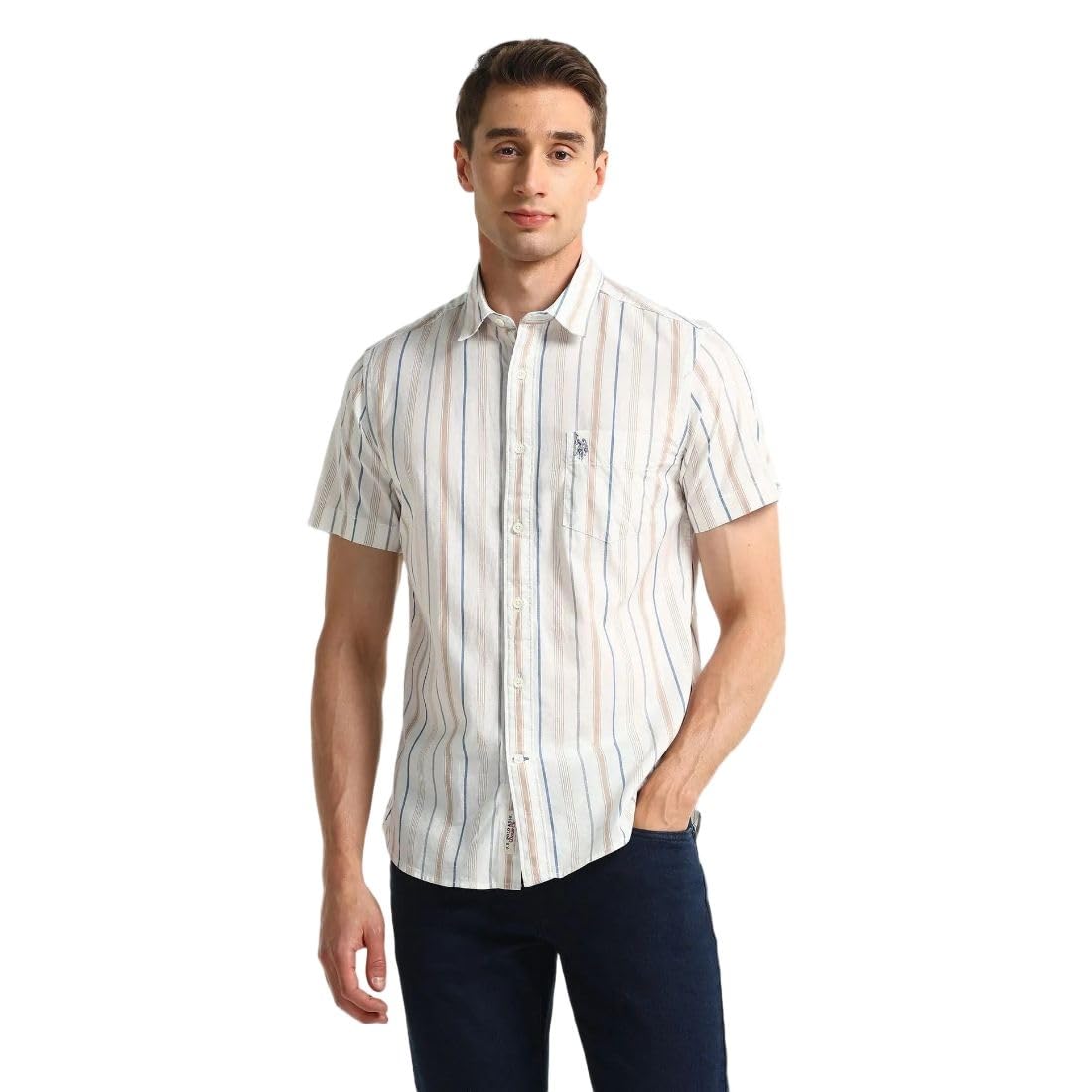 U.S. Polo Assn. Denim Co. Mens White Striped Spread Collar Half Sleeve Casual Cotton Fitted Shirts-picture-13