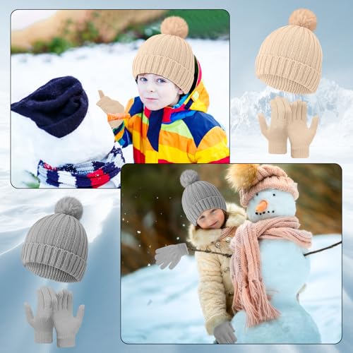 Image of JaGely Kids Beanie and Glove Set Winter Snow Warm Hat and Gloves Unisex Knit Hat with Pompom Full Fingers Ski for Boys Girls