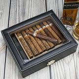 Cigar Humidor, Handmade Cedar Cigar Storage case Covered with Black Leather Holds 20-25 Cigars (Blac