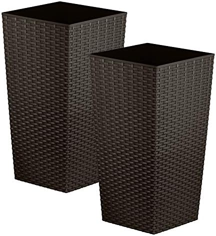 CrazyGadget Tall Square Plastic Rattan Indoor/Outdoor Planters, Set of 2, Brown, 17 Litre