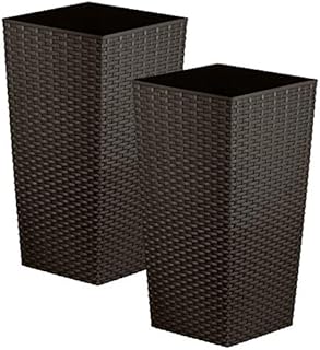 CrazyGadget Tall Square Plastic Rattan Indoor/Outdoor Planters, Set of 2, Brown, 17 Litre