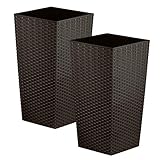 CrazyGadget Tall Square Plastic Rattan Indoor/Outdoor Planters, Set of 2, Brown, 27 Litre