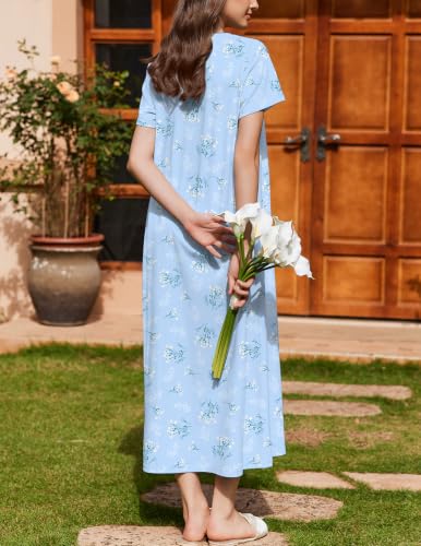 Image of Ekouaer Nightgown for Women Cotton Long Night Gown Short Sleeve Nightdress with Pockets Button Sleepshirt Soft Sleepwear