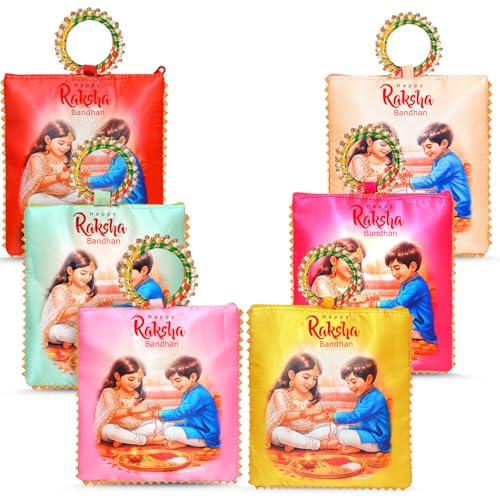 Image of Silk Raksha Bandhan Potli Bag for Women Return Gift Pack of 12 | Rakshabandhan Theme Ethnic Clutch with Ring Handle & Zipper | Rakhi Favour Pouch