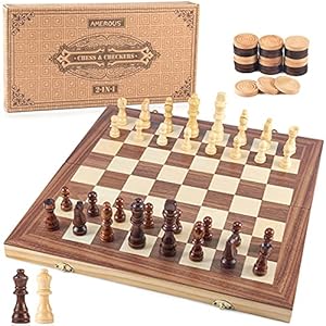 AMEROUS 15” Wooden Chess & Checkers Set, 2 in 1 Board Games -2 Extra Queens -24 Cherkers Pieces – Gift Box Packed – Chessmen Storage Slots, Beginner Chess Set for Kids and Adults
