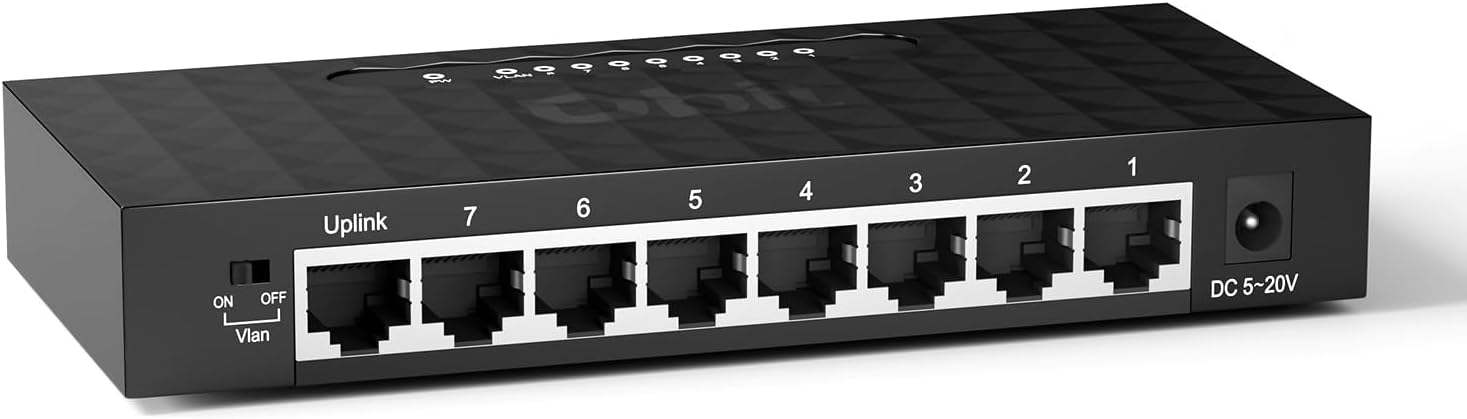 DBIT 8 Port Gigabit Ethernet Switch, Desktop Ethernet Splitter, One-Key VLAN, Independent Uplink Port, Plastic Case, Unmanaged Network Switch, Plug & Play, Fanless Quiet (TXE210)