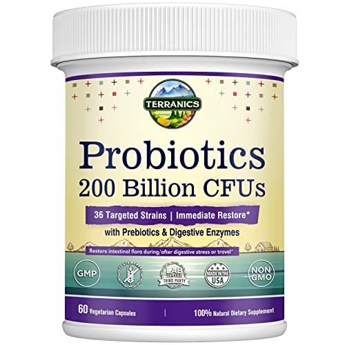 Terranics Daily Probiotics for Men & Women, 200 Billion 36 Strains Immediate Restore Probiotics, with Prebiotics & Enzymes, Healthy Regularity, Delayed Release, Shelf Stable, 60 Veggie Caps