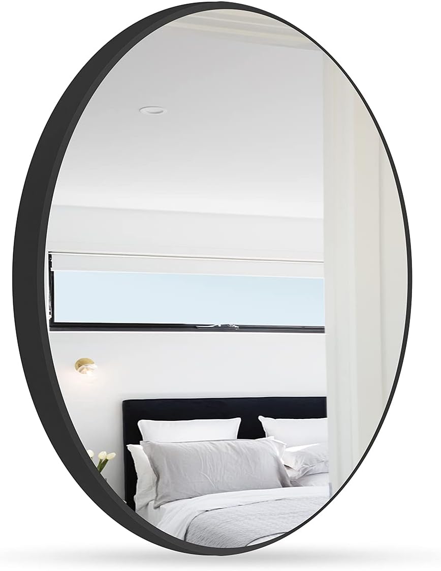 HOMPEN 24 Inch Round Wall Mirror, Rustic Accent Decor Mirror Mounted, Metal Round Bathroom Mirror for Wall Decor, Vanity, Makeup Table