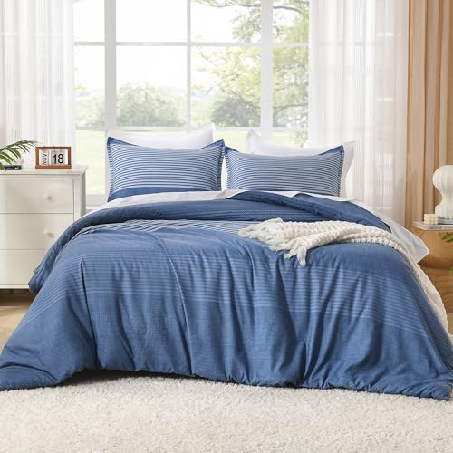 Litanika Comforter Set California King Size Sapphire Blue - 3 Pieces Lightweight Sapphire Blue White Colorblock Stripe Fluffy Bedding Comforter Sets, All Season Bed Set