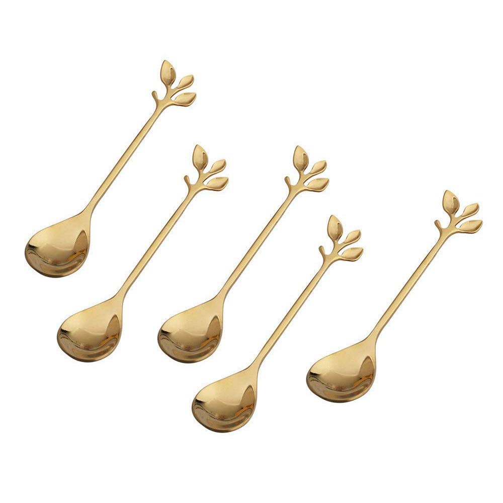 CTRLZS Coffee Stirring Spoon Stainless Steel Branch Leaves Shape Cutlery Dessert Spoon Jam Ice Cream Tea Spoon,Gold(5pcs)