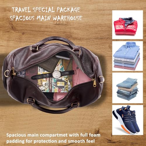 Image of HYATT Leather Accessories Weekender Travel Duffle Bag with Separate Shoe /Laundry Compartment for Men & Women Made of Natural Dry-Milled Leather (C-Brown)