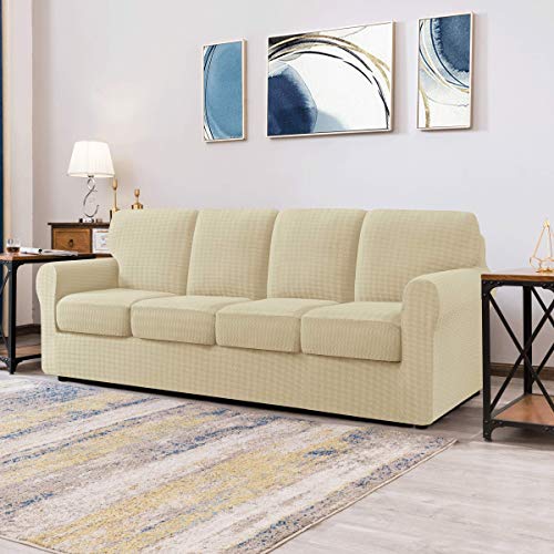Chun Yi 9 Piece Oversized Sofa Cover, 4 Seater Stretch Couch Slipcover With Four Separate Backrest And Cushion With Elastic Band, Houndstooth Fabric( X-Large, Ivory White) #TOP1