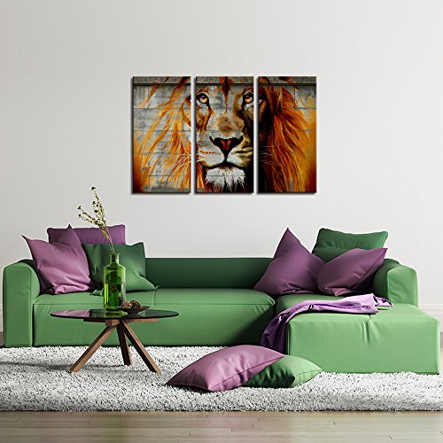 Large 3 Panel African Animal Canvas Picture Wall Art Vintage Lion Street Graffiti Canvas Prints Artwork For Home Offfice Men Cave Living Room Decoration Stretched And Framed Ready To Hang 16"X32"X3 #TOP3