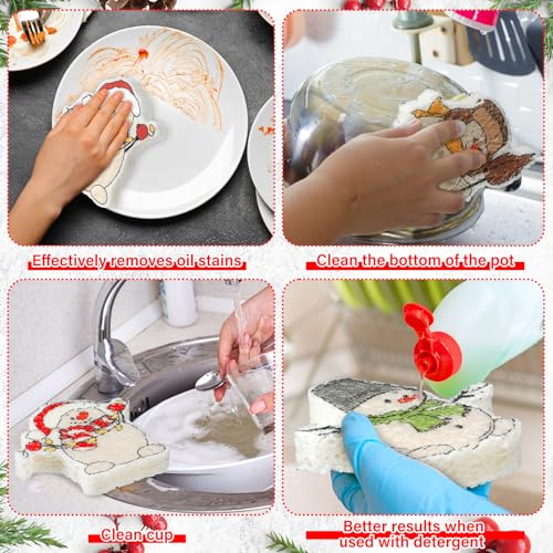 Image of Layhit 12 Pcs Christmas Dish Sponges Cute Kitchen Non Scratch Scrub Sink Sponges Wood Pulp Reusable Household Cleaning Cloth for Kitchen Dishes Furniture(Snowman)