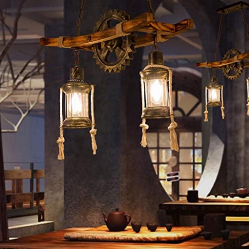 AHQX Hemp Rope Chandelier Wood Pendant Lamp Antique Vintage Hanging Light E27 Dining Room Lighting Industrial Wrought Iron Hanging Lamp Retro Style Bedroom Living Room Droplights 2 Lights