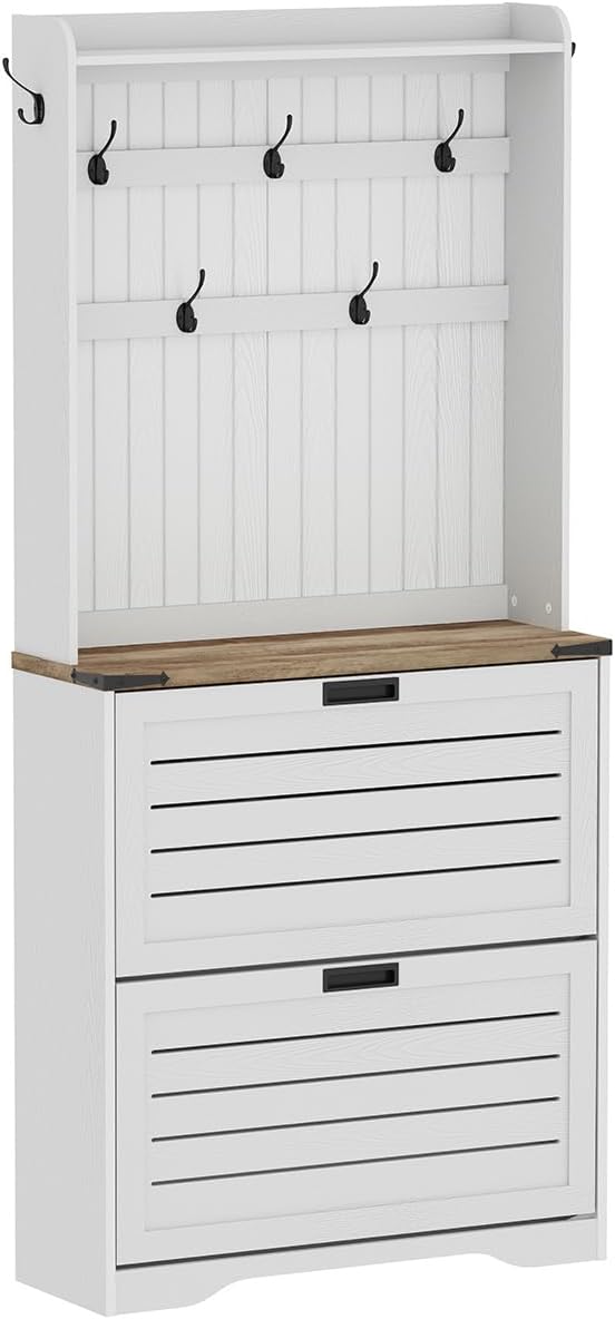 Side view of the assembled top section of the FATORRI Shoe Cabinet, showing the coat rack panel and top shelf.