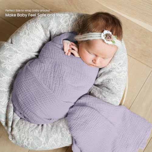 Image of lulumoon Muslin Swaddle Blanket Baby - Cotton Swaddling Blanket Soft Baby Receiving Blankets Neutral 3Pack(Pink+Purple)