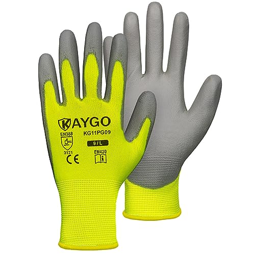 Image of KAYGO Safety Work Gloves for Men Women, PU Coated Palm & Fingers, KG11P | Smooth Grip, Breathable & Lightweight, 13-Gauge Seamless Knit, for Light Warehouse, Manufacturing, Gardening
