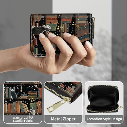 Image of Cute Credit Card Holder with Zipper, Cat Library RFID-Blocking Card Case Small Wallet for Women Men, Multi-slot Card Organizer Case Travel Accordion Wallet