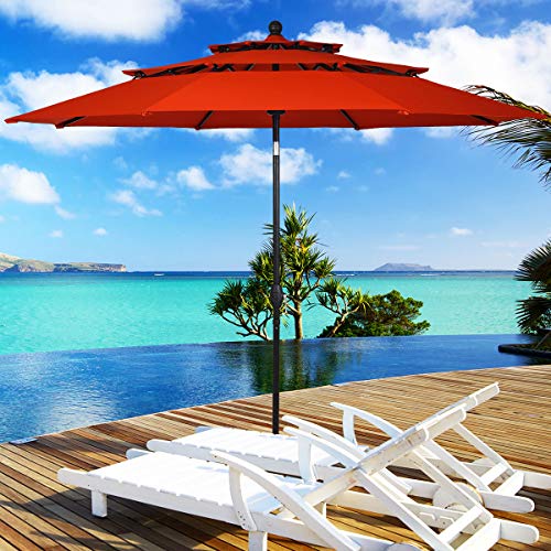 Tangkula 10 Ft 3 Tier Patio Umbrella, Outdoor Umbrella W/Double Vented, Market Table Tilt Umbrella with Crank, Outdoor Aluminum Umbrella for Market, Backyard, Pool, Garden (Orange)