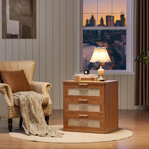 Image of LEYAOYAO Rattan Night Stand Set of 2 with Drawers, 23 inch Large 3 Drawer Boho Nightstand, Natural Wood Bedside Table Storage Cabinet, Bed Side End Tables Dresser for Bedroom, Living Room, Hallway, Closet