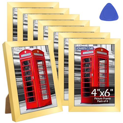 HOMERHYME 4x6 Picture Frames Set of 8 Gold Photo Frames for Gallery Wall Mounting or Table Display Collage Frames with Clear Plexiglass for Home Office Decor