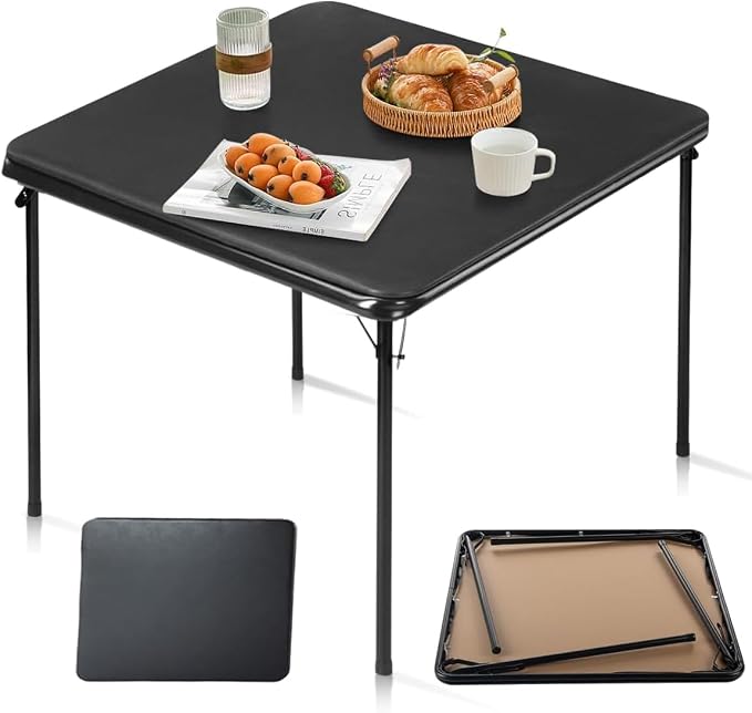 FurnitureR Square Folding Table Multi-Functional, 33.5 inch Card Table, Table Foldable Portable for Indoor Outdoor Dining Panic Patio Balcony Backyard Poolside, PVC Tabletop, Metal Frame, Black
