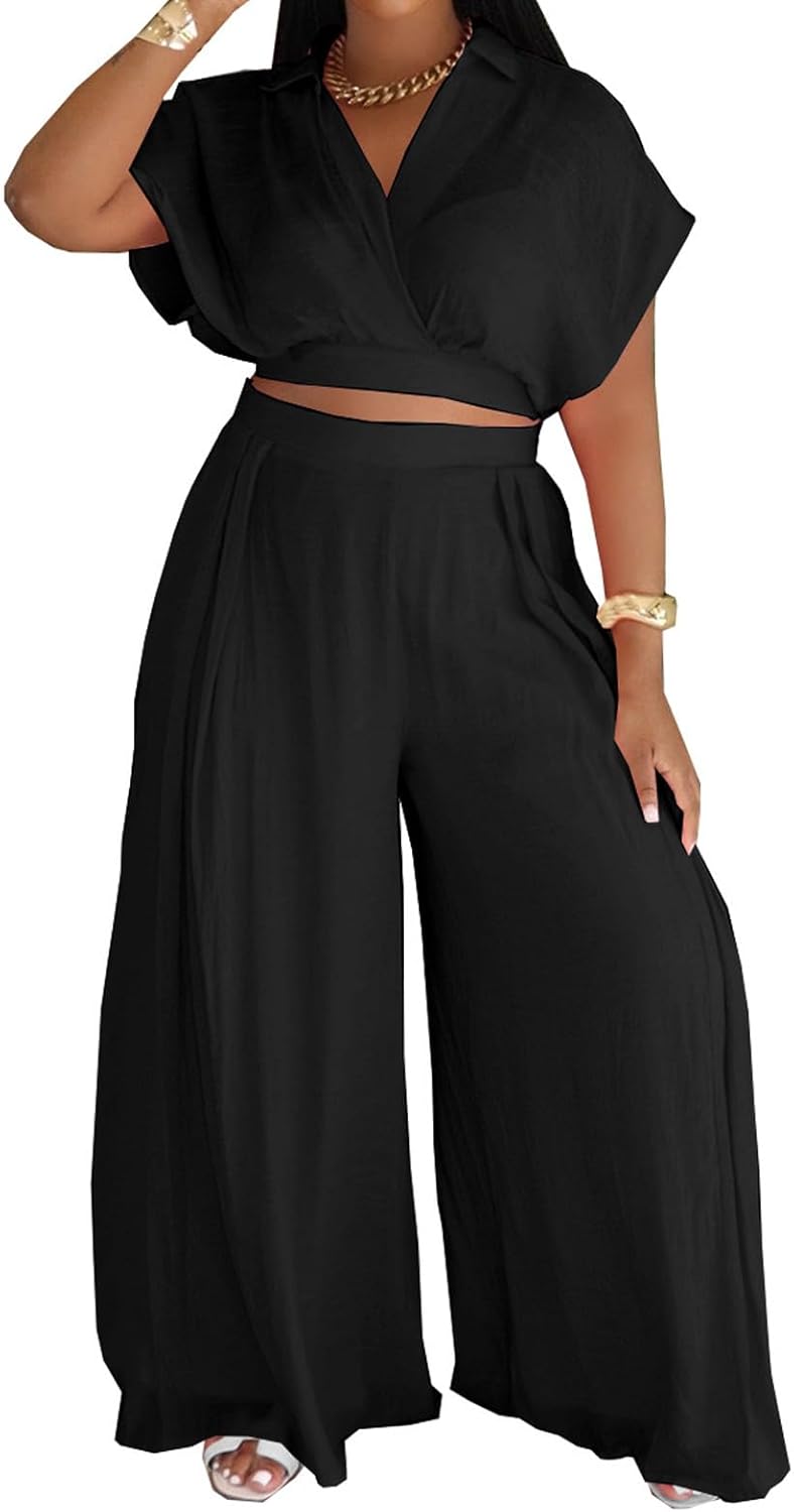 Women's Casual Linen 2 Piece Outfits Wrap V Neck Crop Top and Wide Leg Pants Sets Vacation Summer Club Outfits