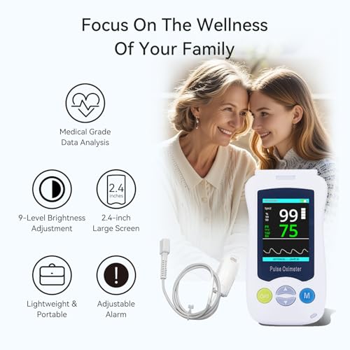 Image of Continuous Pulse Oximeter Fingertip, Medical Grade Accuracy Fast Reading SpO2 Pulse Rate Blood Oxygen Saturation Monitor Handheld 500 Data Storage Overnight Pulse Oximeters with Adjustable Alarm
