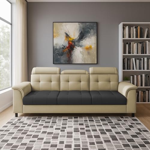 Image of Casaliving Ella 3 Seater Sofa Set for Living Room (Cream Black Colour Fabric) Premium Fabric Sofa