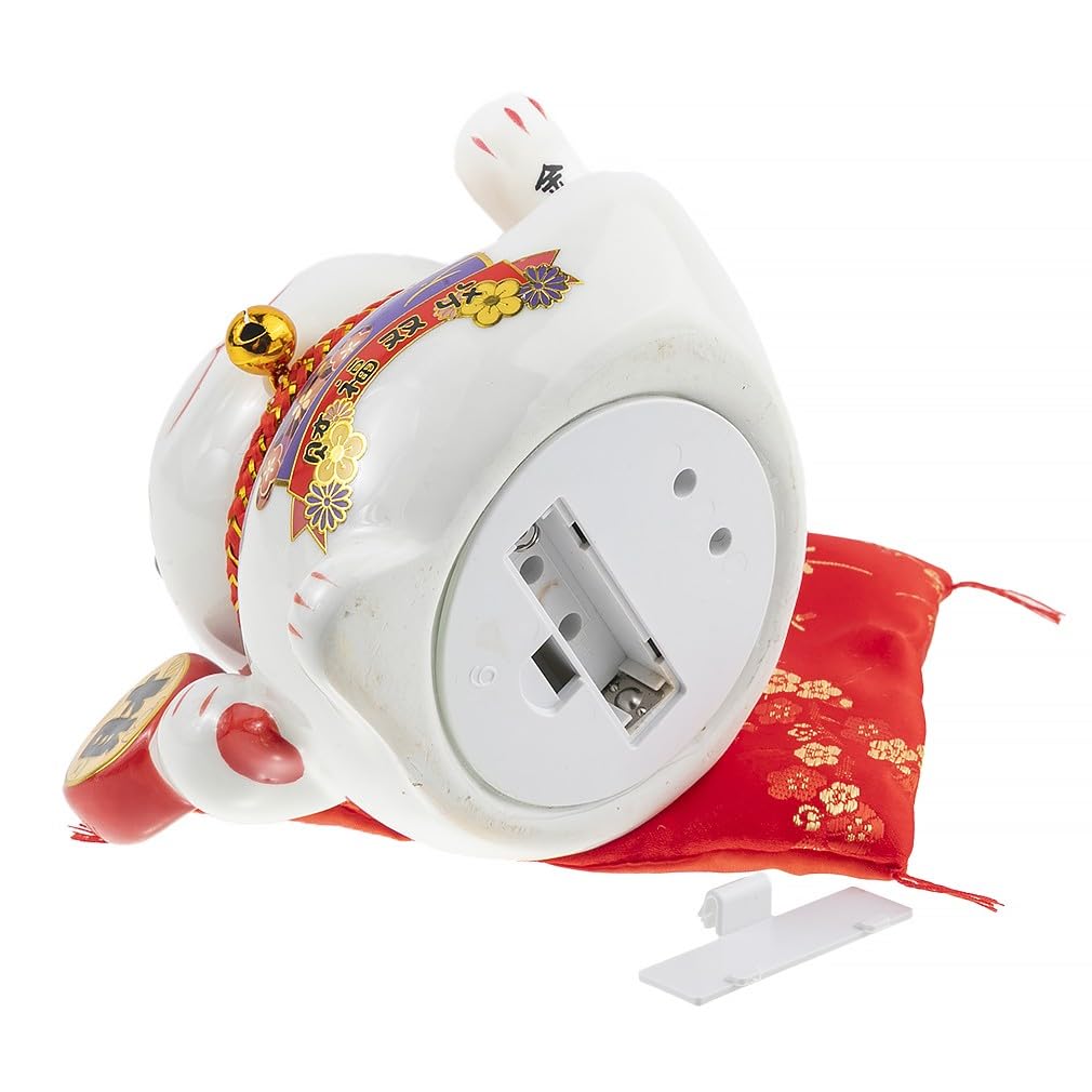 lachineuse - Statuetka kota Maneki Neko - symbol fortuny i szczęścia - ruchome ramię - tradycyjny japoński stojak na szczęście - 12x14x10 cm - Porcelana, biała - Działa na baterię LR03 nie wchodzi w