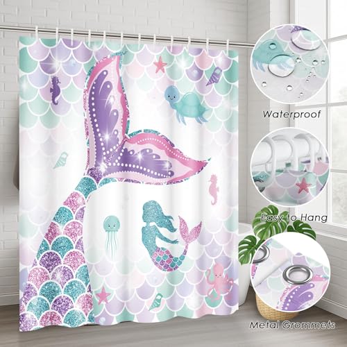 ArtSocket Pink Mermaid Tail Scales Bathroom Set with Shower Curtain and Rugs Accessories Sea Turtle Seahorse Octopus Conch Shower Curtain Set Cute Summer Bathroom Decor 4 Pcs