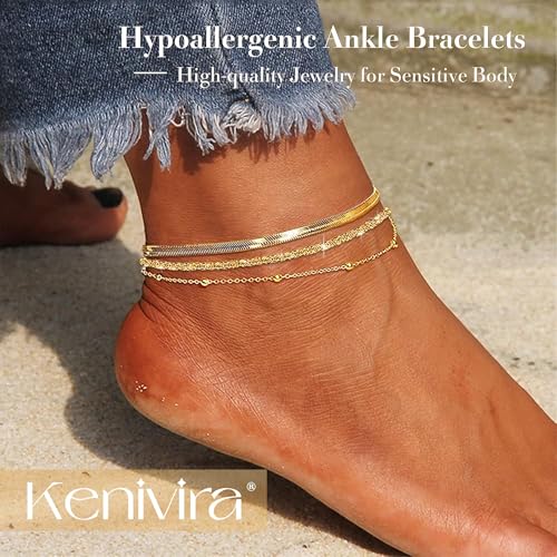 Image of Kenivira Sterling Silver Ankle Bracelets for Women,Gold Dainty Layered Waterproof Anklet for Women, Anklet Set Stackable Beach Gift Adjustable Size