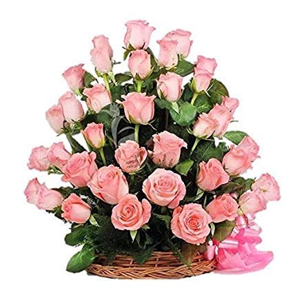 Floralbay Valentine's Day Special Fresh Flowers Basket of Pink Roses (Bunch of 30)