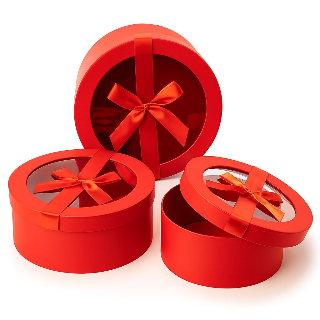 Home Garden Ornaments Women's Red With Ribbon Gift Boxes For Presents With Transparent Lid And Ribbon Bow – 3Pc Decorative Cardboard Gift Boxes For Flowers And Sweets – Red
