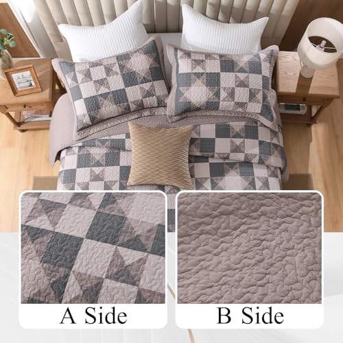 Soforpring 100% Cotton Oversized Queen Bedspread Set - 120"x102" Brown Farmhouse Plaid Quilt Set with 2 Pillowshams, Soft and Lightweight Comforter Coverlet Bedding Set 3pcs, Brown/Dark Gray — view 4